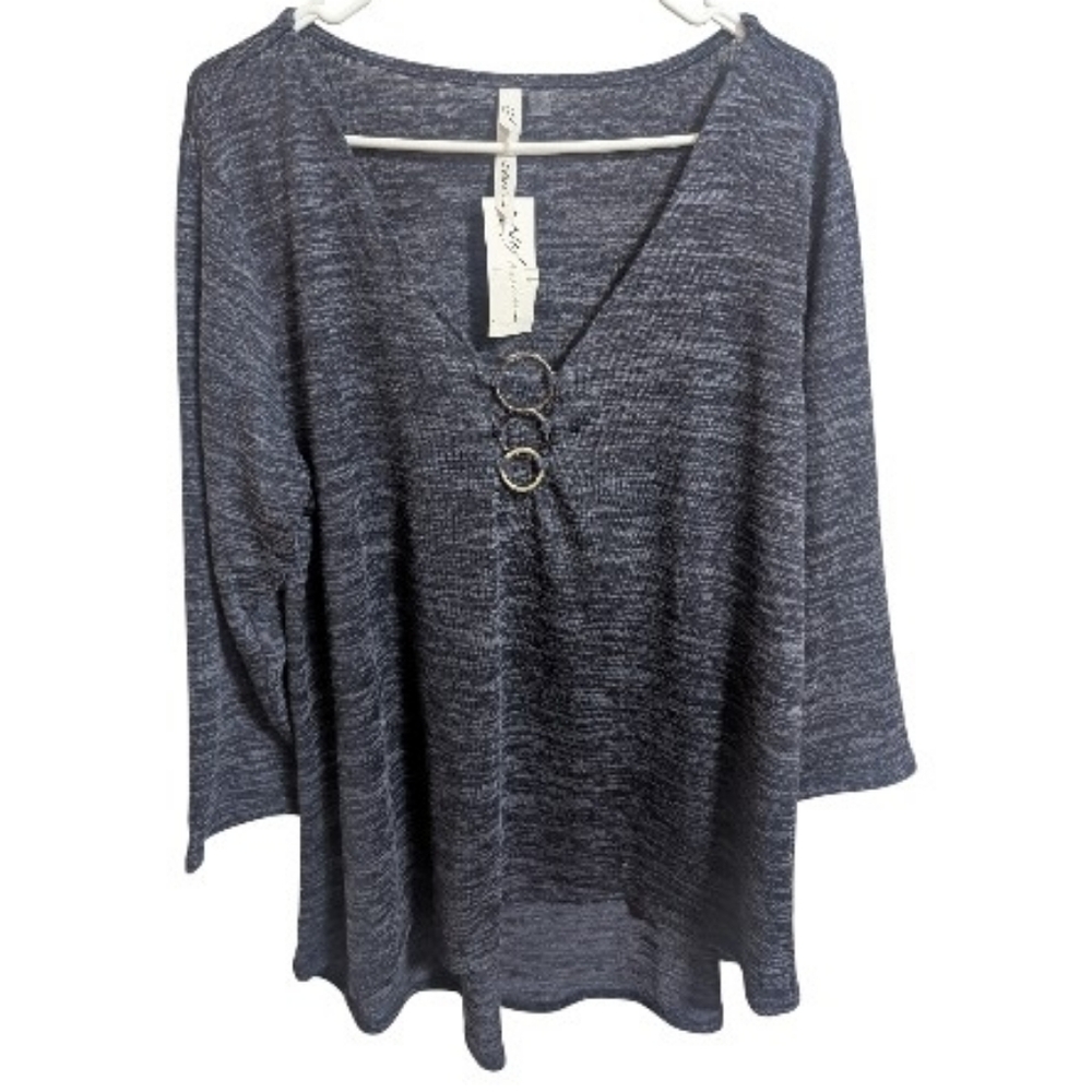 NY Collection Women's Top Sz 1X Navy Heather V-Neck Ring-Detail